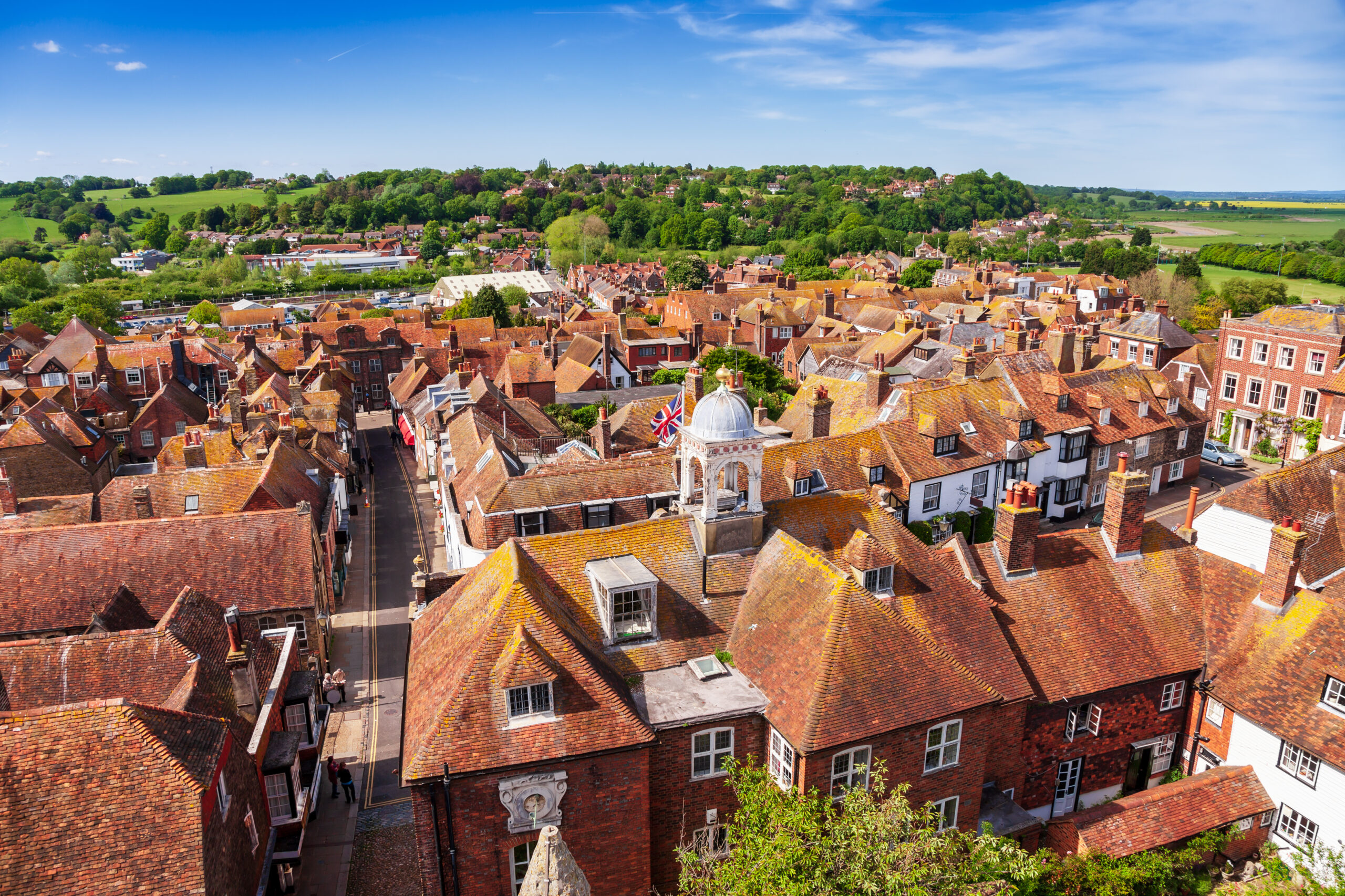 Aerial view of historic Rye in East Sussex – picturesque town near Roselands Care Home in Brede